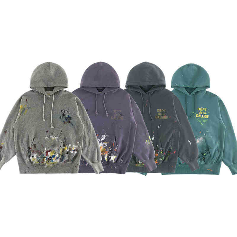 

Mkszy independent Galery dept splash ink series Vintage 4-color wash hooded Plush sweater, Lake blue limited