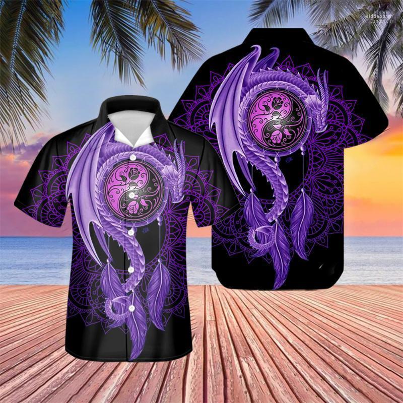 

Men's Casual Shirts Purple Dragon Pattern Cuban Shirt For Man's Plus Size Button Down Aloha 2022 Summer Short Sleeve Party Male ChemiseM