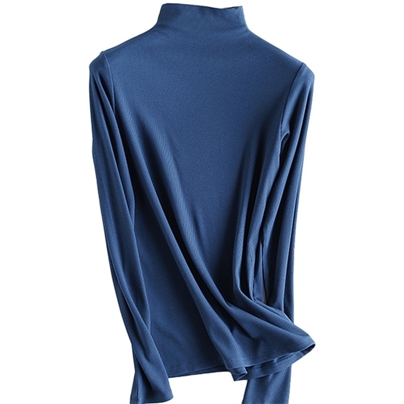 

SuyaDream Women Bottoming T Shirt Real Silk Blend Long Sleeves Solid Basic Autumn Winter Turtleneck Top 220401, Blue mock n