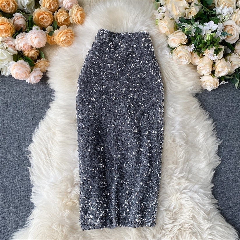 

Fitaylor Women Spring Sexy Sequins Slim Shinny Skirt Autumn Trend High Waist Skirts Korean Elegant Mid Length Bodycon Jupe 220322, Silver