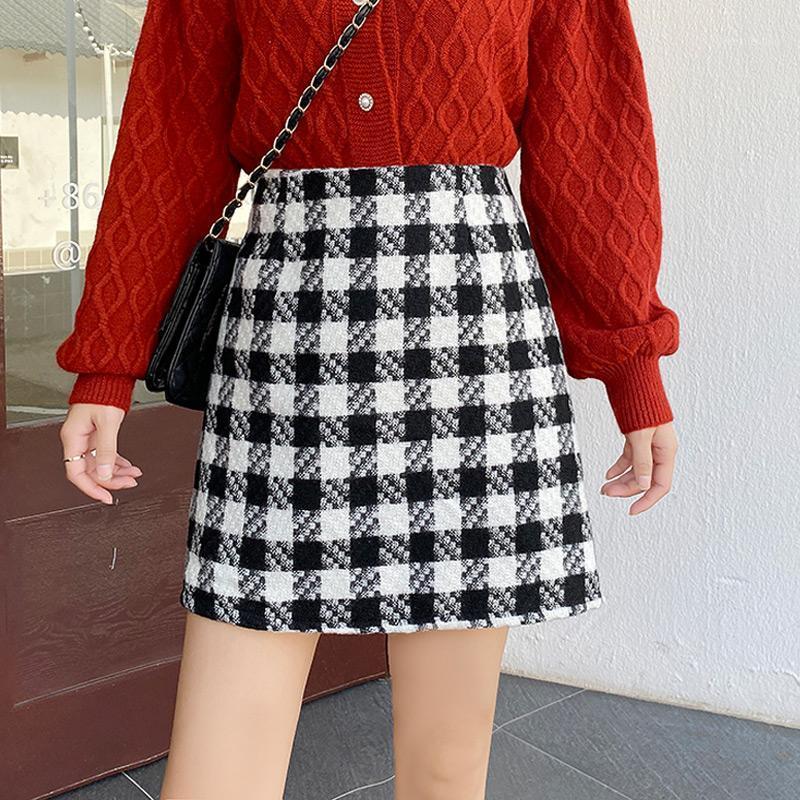 

Skirts 2022 Korean Woolen Elegant Oversize Women's High Waist Mini A-Line Plaid Winter Skirt Women Jupe Femme Plus Size -4XL, Grey white plaid