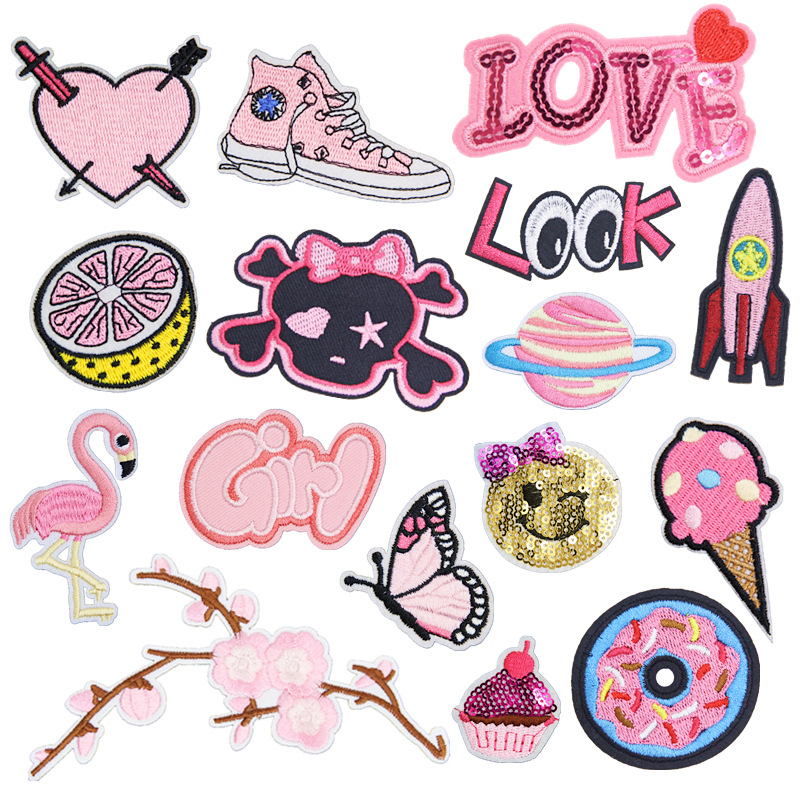 

Sewing Notions Pink Butterfly DIY Patches Embroidery For T Shirt Iron On Appliques Clothes Jeans Stickers Badges Love Heart