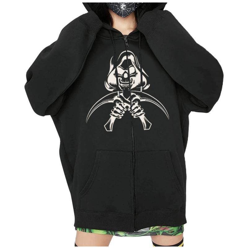 

Women' Jackets Women Casual Gothic Pattern Print Zipper Pocket Long Sleeve Hoodie With Drawstring Teen Girls Coat StreetwearWomen