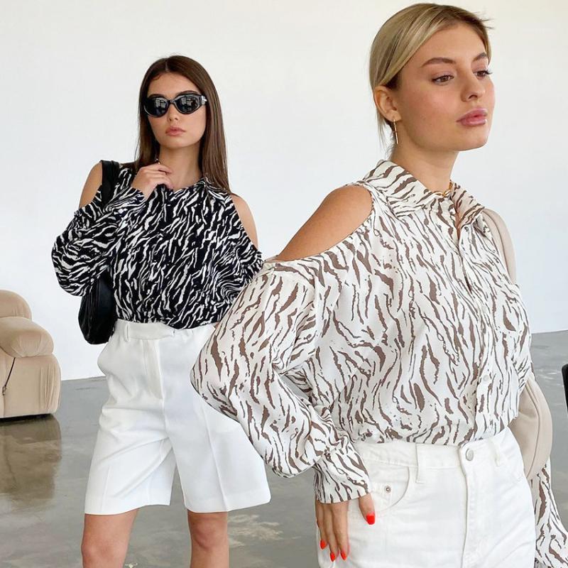 

Women' Blouses & Shirts 2022sexy Strapless Hollow Shirt For Women Black And White Zebra Long Sleeve Tops