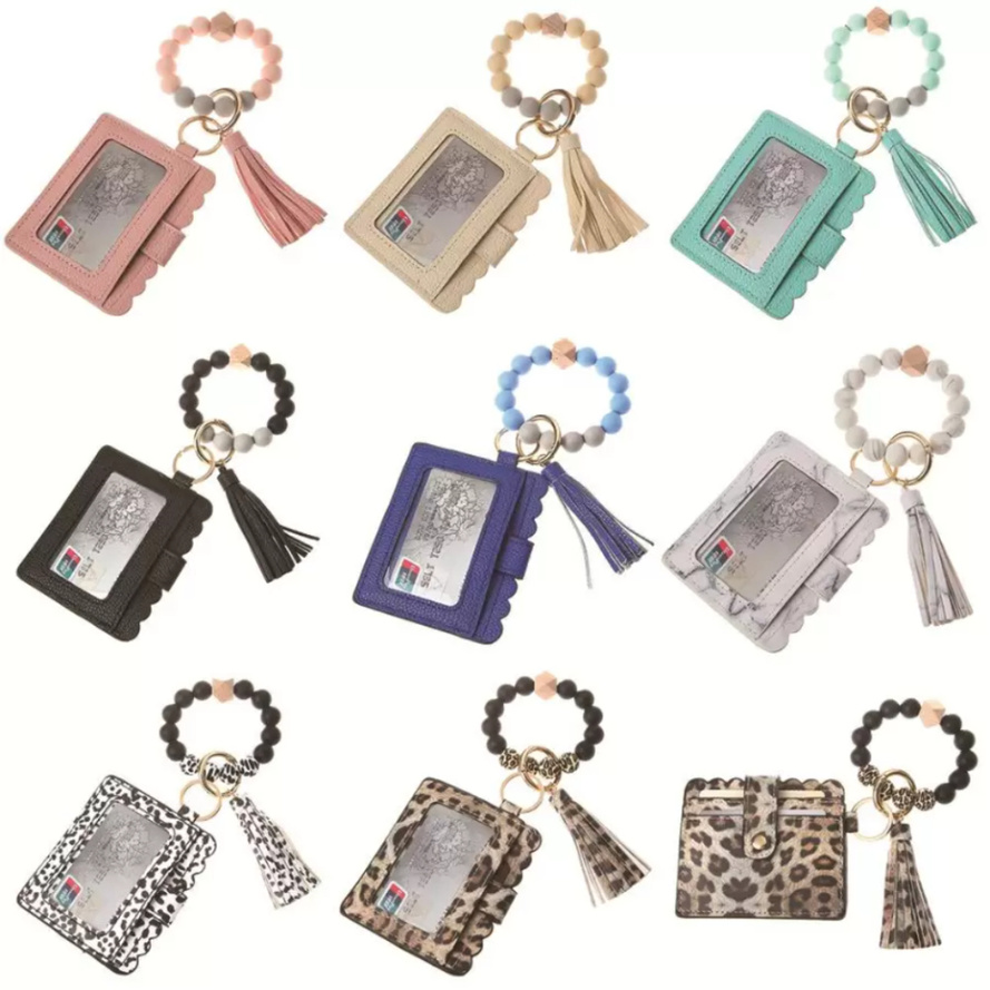 

PU Leather Bracelet Wallet Keychain Party Favor Tassels Bangle Key Ring Holder Card Bag Beaded Wristlet Keychains Handbag sxmy4