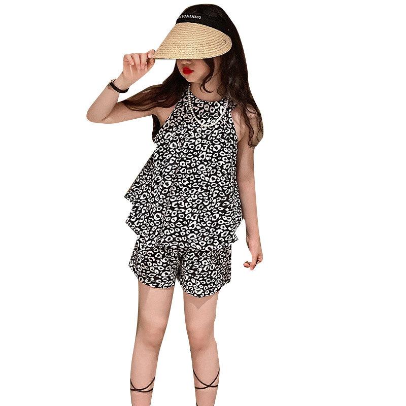 

Clothing Sets Baby Girls Fashion Leopard Print Arrivals Korea Summer Sleeveless Tops Shorts Streetwear Cool Girl 4-13 AgesClothing, Black