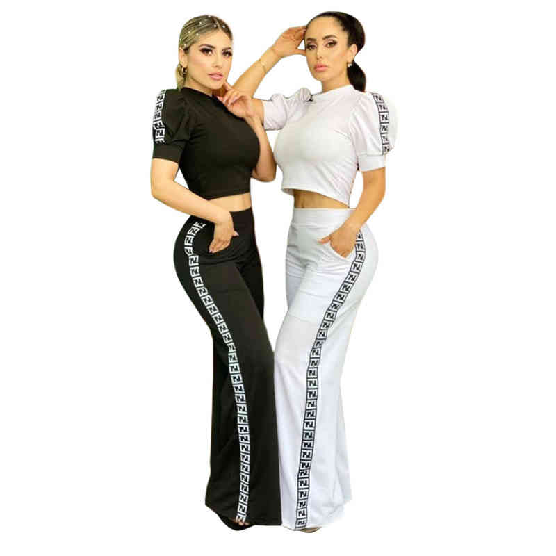 

J2703 Fashion Designer Solid Simple Temperament Commuter Round Neck Lantern Short Sleeve Trousers Casual Two-piece Suit, Black