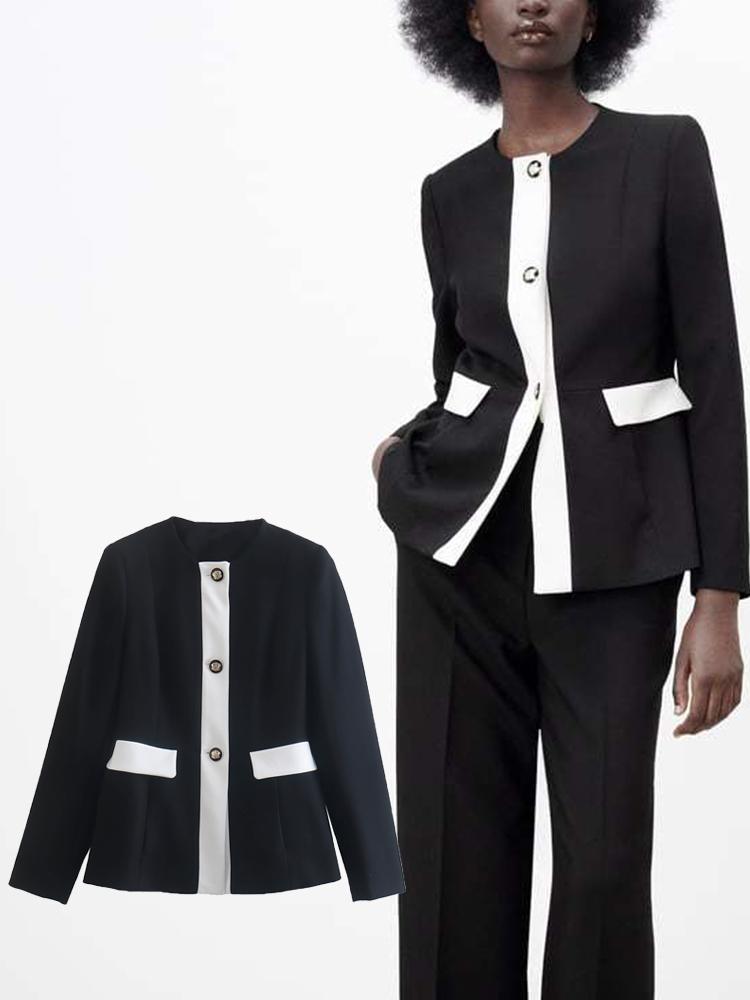 

Women's Suits & Blazers 2022 Spring Autumn Women Patchwork Blazer Coats O-neck Single Breasted Long Sleeved Jacket Office Lady Pockets Wear