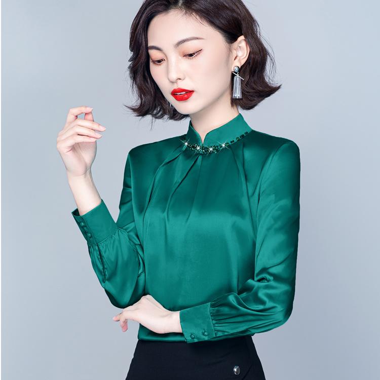 

Women' Blouses & Shirts Long Sleeve Ruffles Tops Lady Office Work OL Satin Bead Silk Green