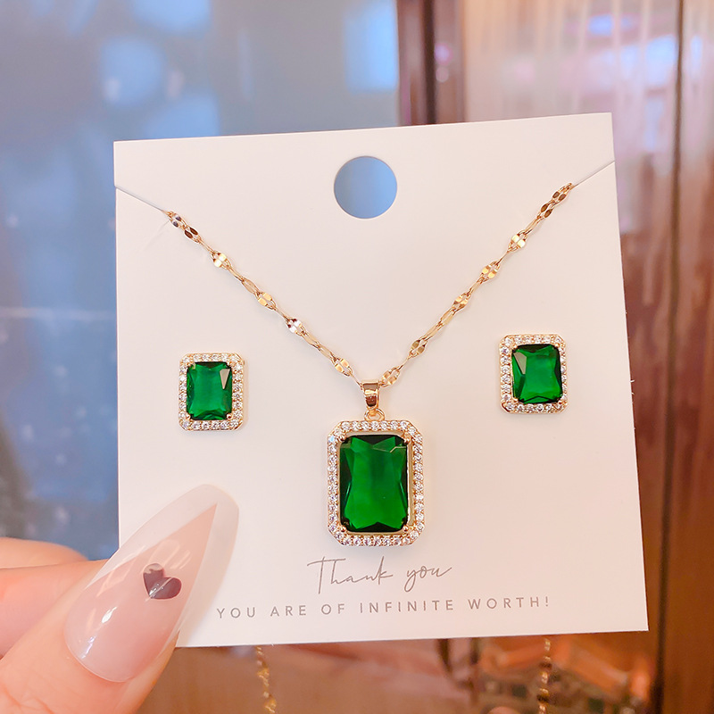 

women square green pendant Zircon necklace earrings suit, Light green