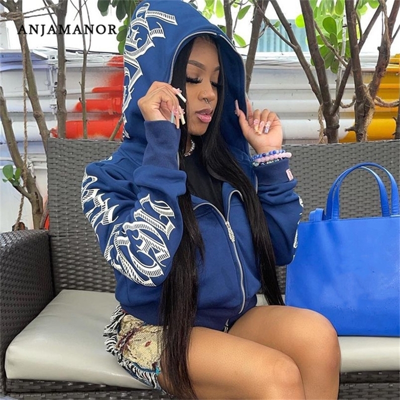 ANJAMANOR lettre imprimé sweat à capuche zippé Streetwear femmes Cyber Y2k vestes Cardigan gothique Punk vêtements sweats D85-DB45 220817