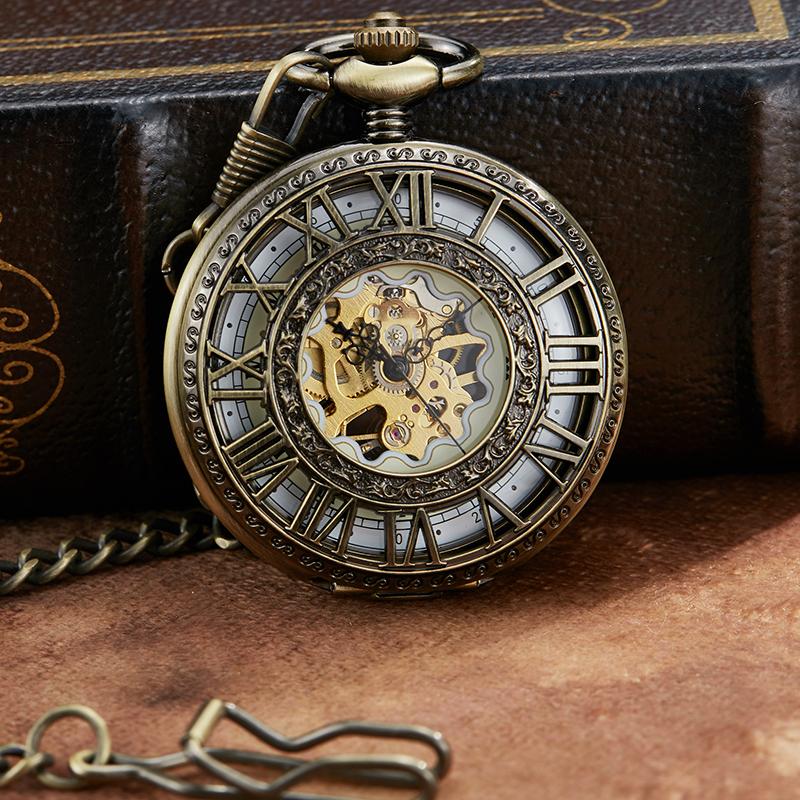 

Pocket Watches Bronze Mechanical Men Watch Hollow Engraved Roman Numeral Case Transparent Pattern Dial Lady Clock Gift 2022 Drop, Slivery;golden