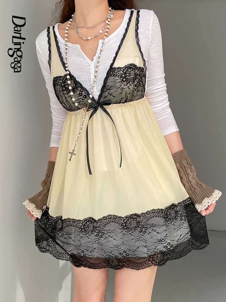 

Y2K V Neck Lace Patchwork Bow Cute Chiffon Dress Female Fairycore Harajuku Frills Bow Sexy Summer Dress Outfits Beach, Skin