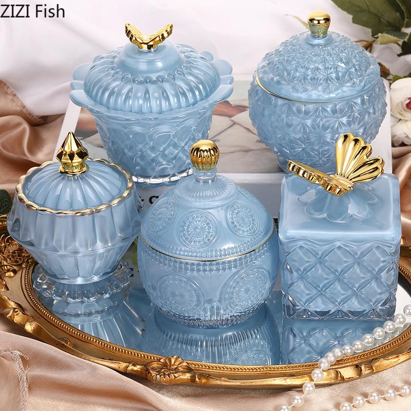 

Storage Bottles & Jars Blue Relief Glass And Lids Dressing Table Jewelry Boxes Cosmetic Jar Desk Decor Multiple Styles Crystal Candy Pots