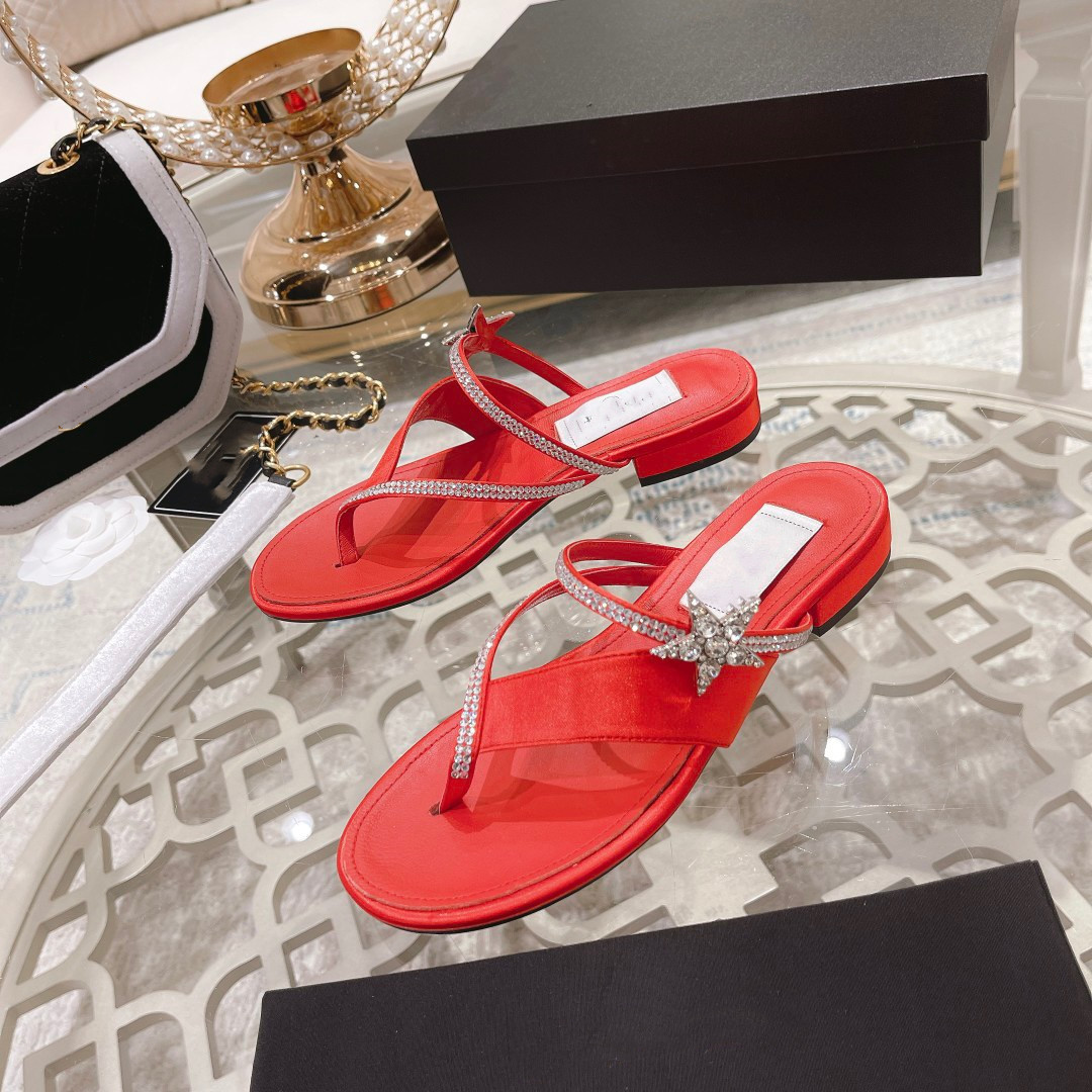 

New Summer Flip Flops Women's Slippers Good Quality Soft Bottom Buckle Woven Sandals Diamond Star Shoes, Red