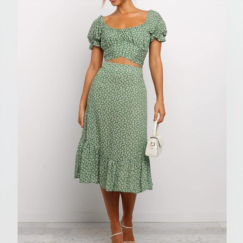 

Vestidos Vintage Ruffles Print Casual Dresses Puff Sleeve Summer Beach Sweet Square Collar Floral Maxi Long Dress Two Piece, Red