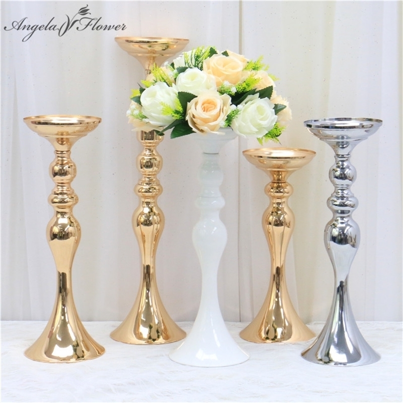 

Gold White Silver Candle Holders Metal Candlestick Flower Stand Vase Table Centerpiece Event Floral Rack Road Lead Wedding Decor 220406