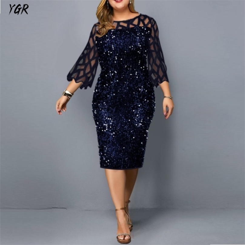

M 5XL Large Size Sequin Stitch Black Hollow Sleeves Blue Women Dress Red Vestido Midi Vestidos Elegantes Para Mujer Robe 220613, Dark blue