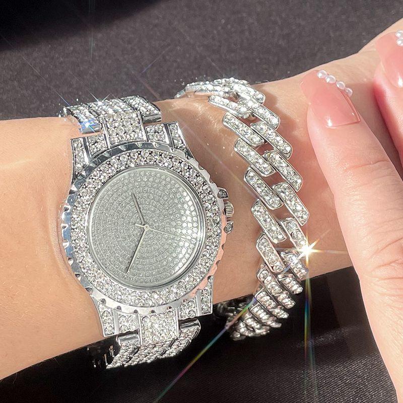 

Wristwatches Women Luxury Iced Out Watches Bracelet Set Gold Silver Color Full Rhinestone Cuban Chain Wristwatch Relogio FemininoWristwatche, Bracelet gold