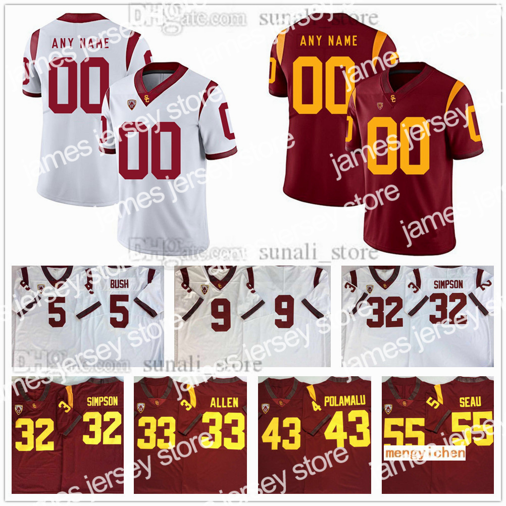 

American College Football Wear USC Trojans College 5 Reggie Bush Jerseys 9 JuJu Smith-Schuster 32 OJ Simpson 33 Marcus Allen 43 Troy Polamalu 55 Junior Seau 14 Sam Darn, Men red