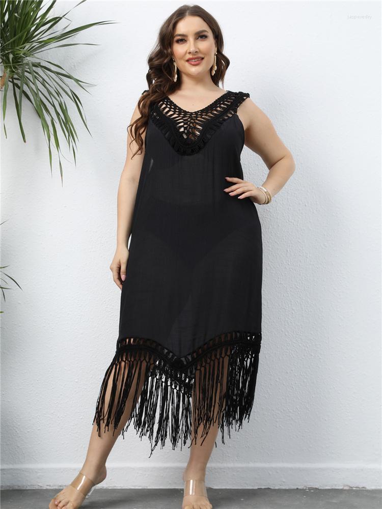 

Plus Size Dresses Beach Cover Up For Women Corchet V Neck Black Dress Largest Solid Color Cover-ups Style Fringe XxxlPlus Jasp22