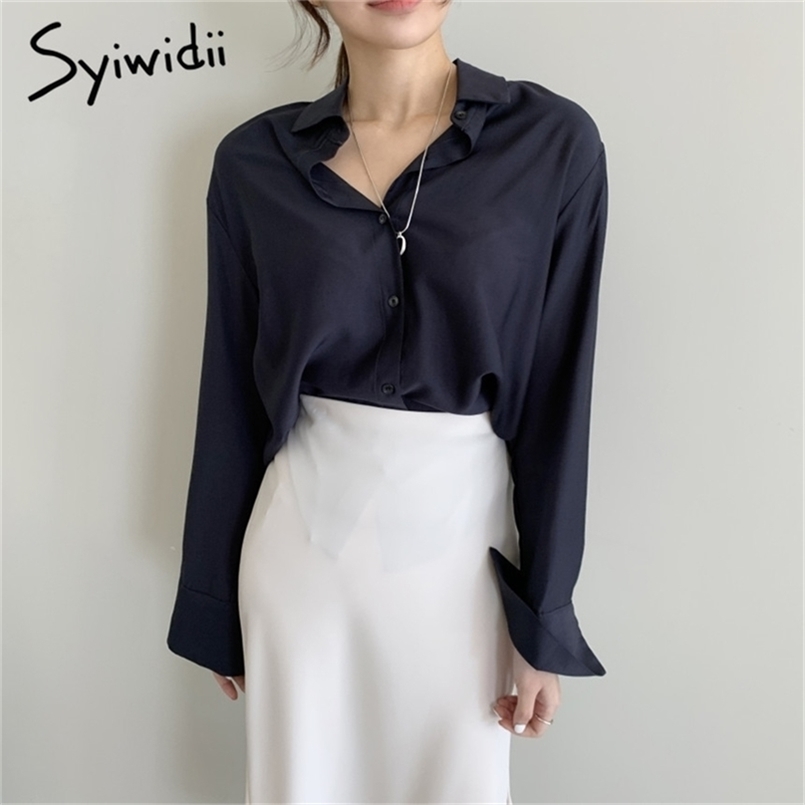 

Office Lady Blouse Women Sexy Tops Korean Fashion Clothing Fall Spring Turn-down Collar Shirts Long Sleeve Solid 210607, Navy blue