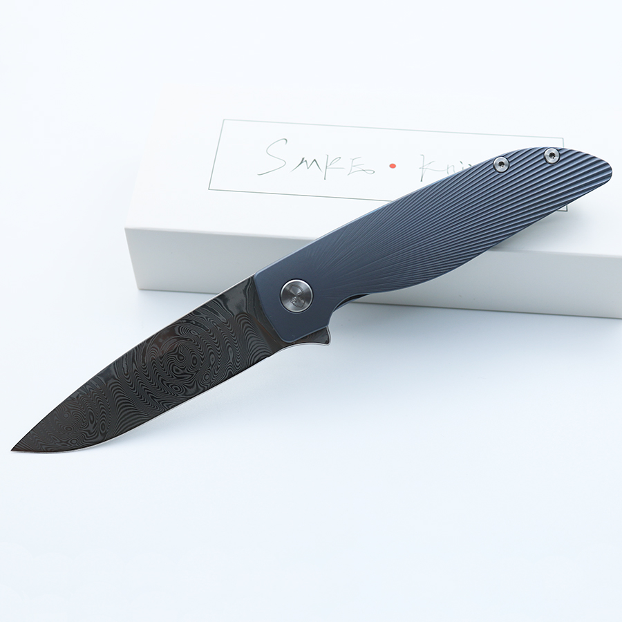 

Smke Knives Rask Flipper Folding Knife Damascus Blade Blue Anodized Titanium Handle Survival Tactical Pocket Knife Outdoor Camping Tools