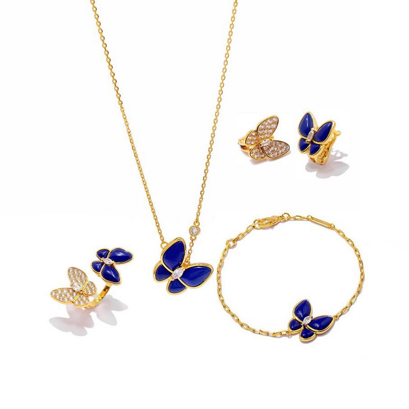 Europe Amérique Ensembles de bijoux de mode Lady Femmes Paramètres en laiton Diamant Lapis Lazuli Or 18 carats Deux papillons Bague Boucles d'ore