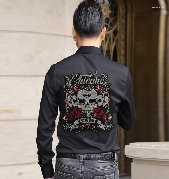 

Men's Dress Shirts Flower And Skull Cool For Man Rhinestone Shirt Premium Slim Fit Long Sleeve Two Color Dway22, As shown