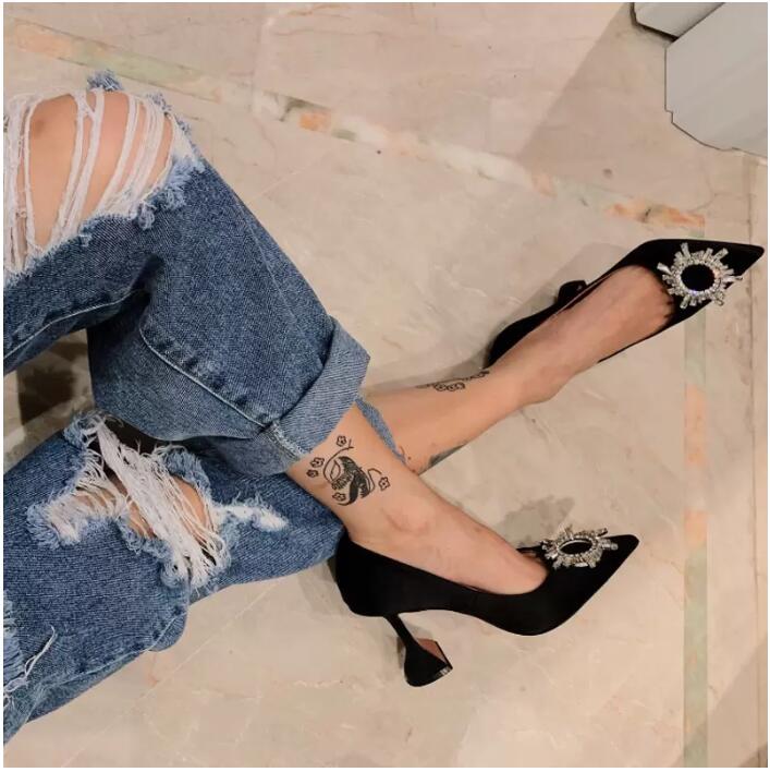 Noir Satin Talons Hauts Fille Chat Talon Chaussures Printemps Et Automne Mode Strass Sexy Bouche Peu Profonde Bout Pointu Chaussure Femmes 41 Gra