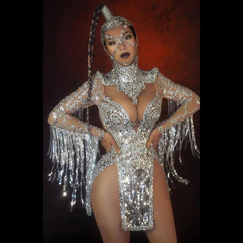 

Stage Wear Gogo Sequinned Spandex High Fork Onesie Theme Party Dress Bar Concert DJ Singer Dancer CostumeStage, Ivory