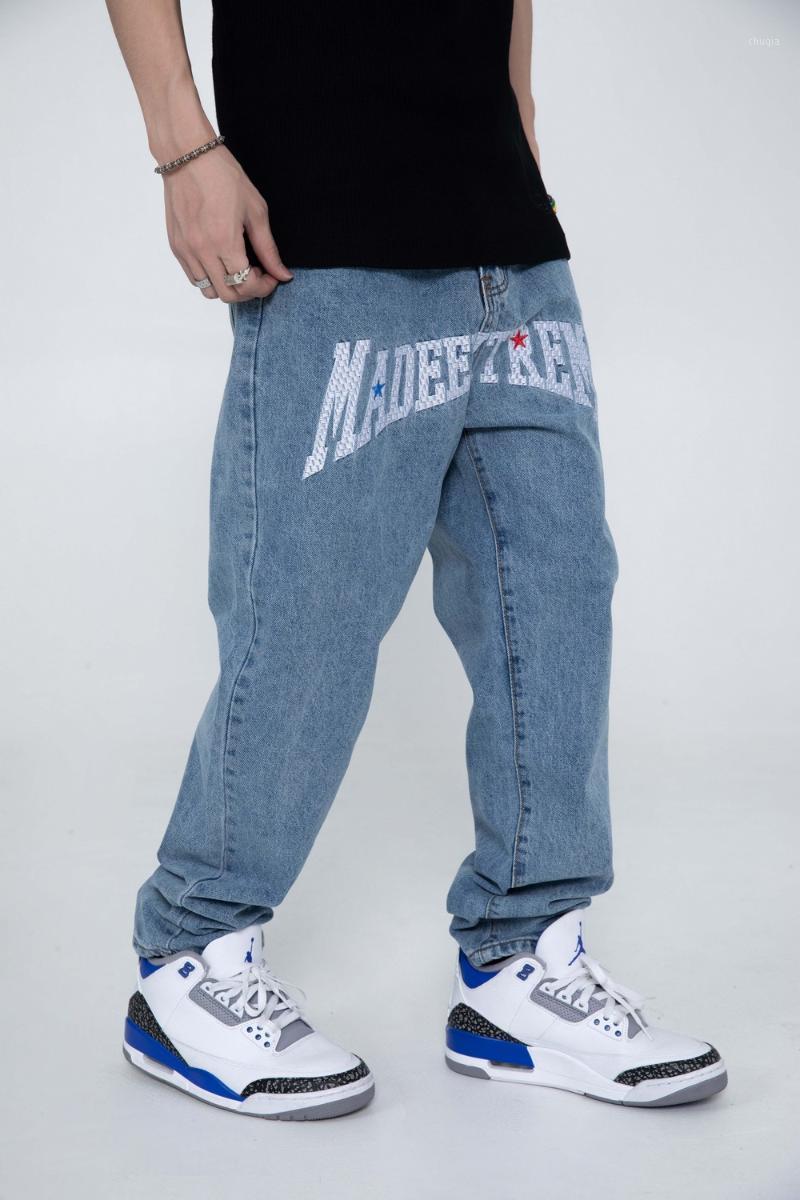

Men' Jeans Letter Knitting Embroidery Men 3 Color Optional Retro All-match Denim Pants Couple Casual Baggy Streetwear, Beige