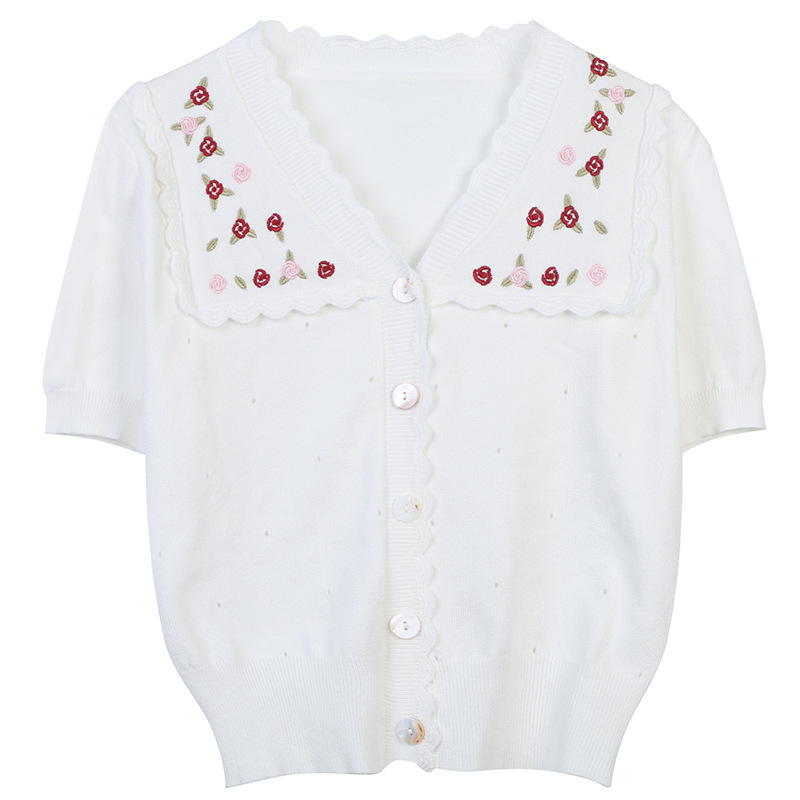 

516 2022 Runway Summer Brand Same Style Sweater White Blue T Shirt V Neck Short Sleeve Women' Sweaters ming