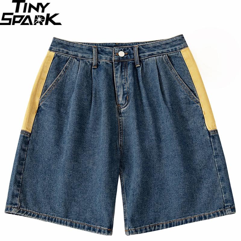

Men's Shorts Men Denim Blue Yellow Patchwork Streetwear Harajuku Summer Cargo CottonMen's, A244dn405