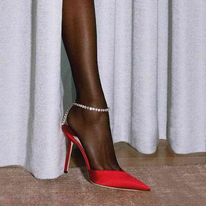 

Dress Shoes chain high heels red thin summer pointed single shoes one line buckle crystal sandals HACF, 1# shoe box