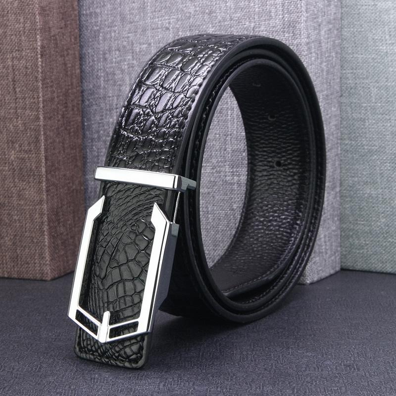 

Belts Fashion Designer C Letter Buckle Casual Men Belt Crocodile Pattern Genuine Leather Waist Strap Cowskin Cintos Masculinos, Black