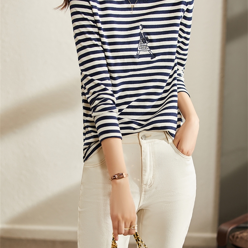

VIMLY Striped T shirt for Women Long Sleeve O neck Cotton Autumn Casual Female Tees Loose Tops Women s Clothes F8878 220728, Blue striped
