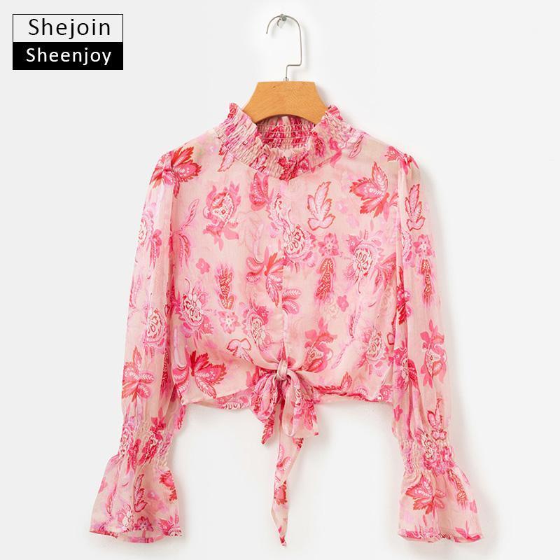 

Women' Blouses & Shirts ShejoinSheenjoy Boho Floral Print Chiffon Blouse Flare Sleeve Autumn Stand Women Tops Pink Waist Bow Tie Ladies Cas
