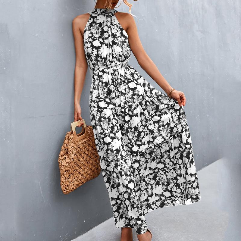 

Party Dresses Vintage Women' Summer Fashion Polka Dot Printed Hanging Neck Tie Dress Long Sleeveless Floral VestidosParty, Beige