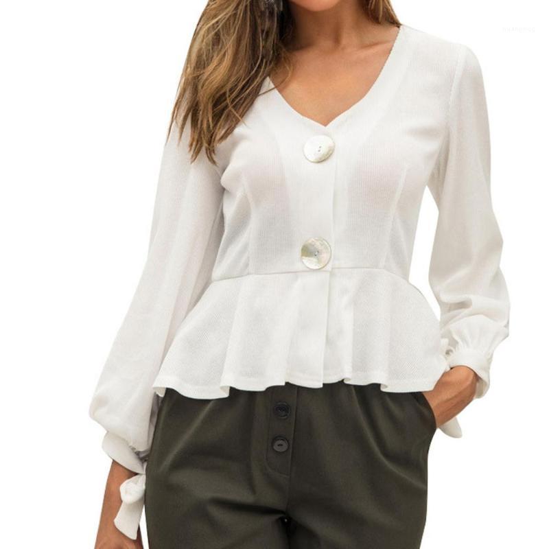 

Women' Blouses & Shirts Women Casual V-neck Solid Ruffles Button Long Lantern Sleeve Blouse Ladies Autumn Pullover White Tops For Streetwea