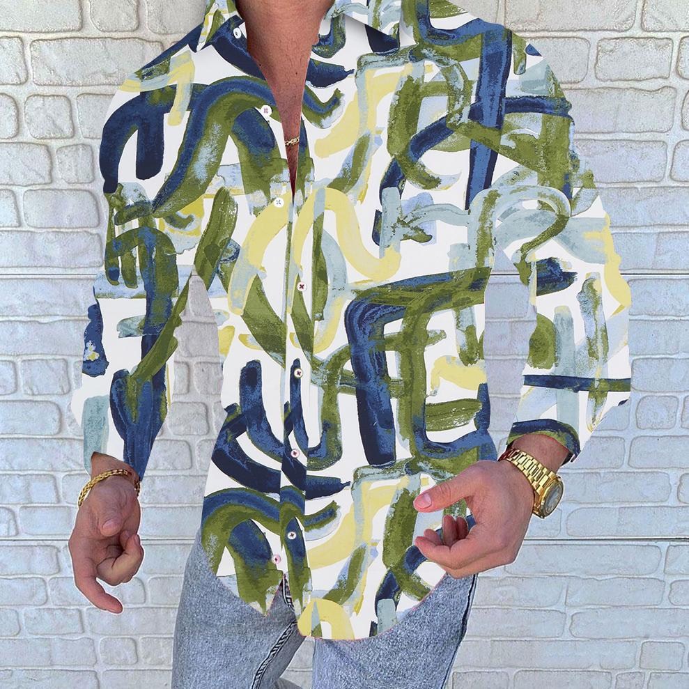 

Men's Casual Shirts summer vintage geo top men print shirt fashion long sleeve printed blouse plus size oversize blouses graphic stripe blouses, Style 3