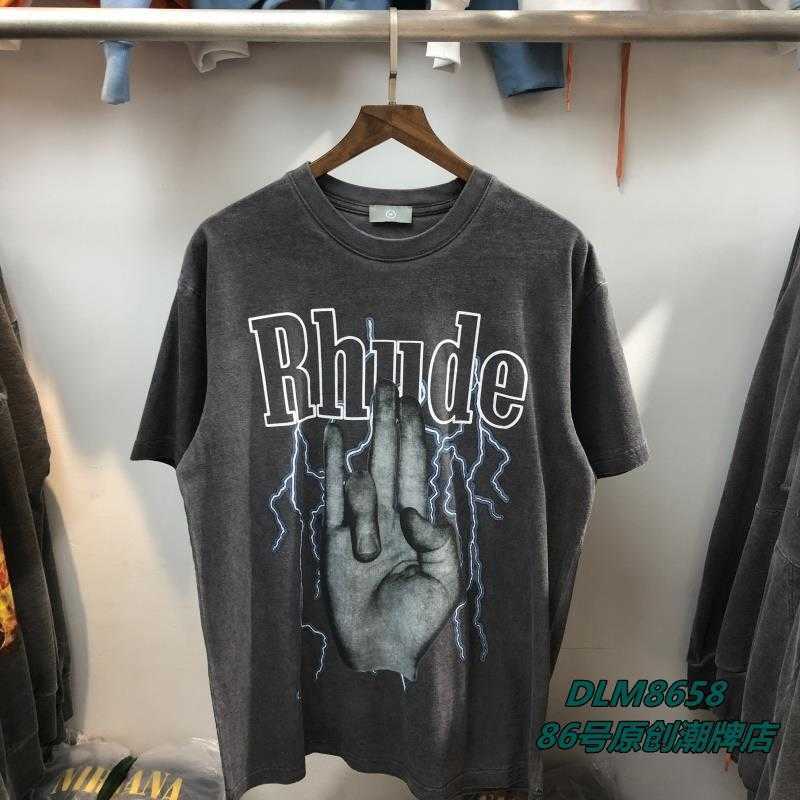 

Ins Super Fire Rhude Palm Lightning High Definition Printing Wash Make Old Street Style Loose Os Short Sleeve Couple T-shirt, Gray