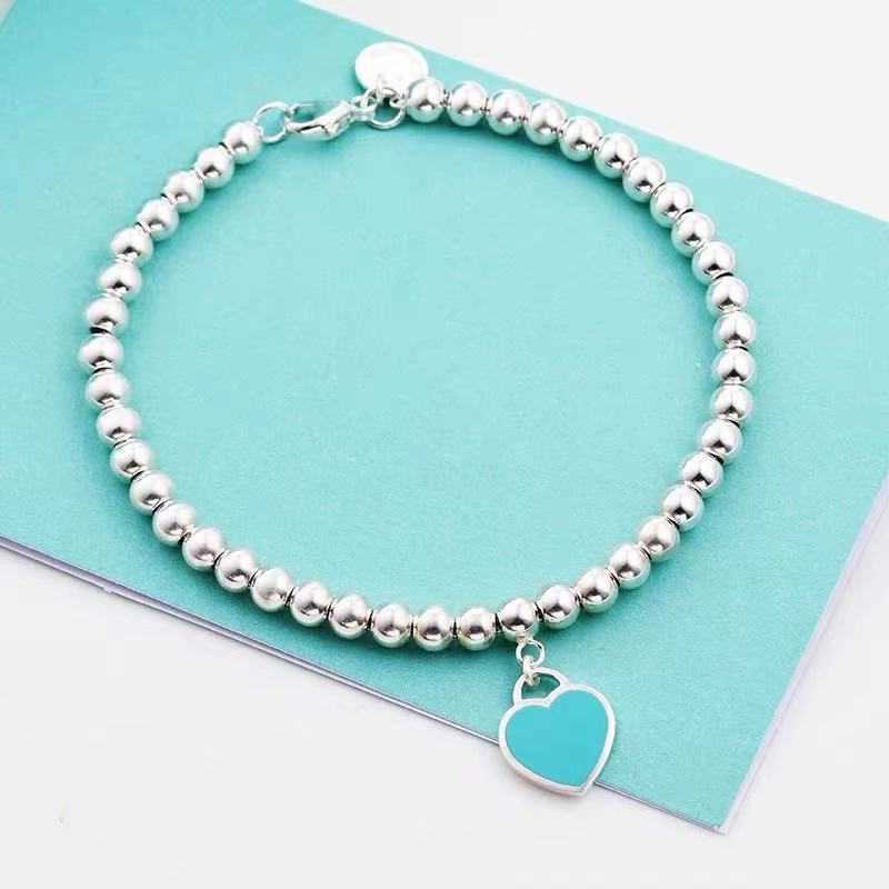 

S925cnc Enamel Love Bead Bracelet Red Blue Pink Heart Pendant Women's Gift