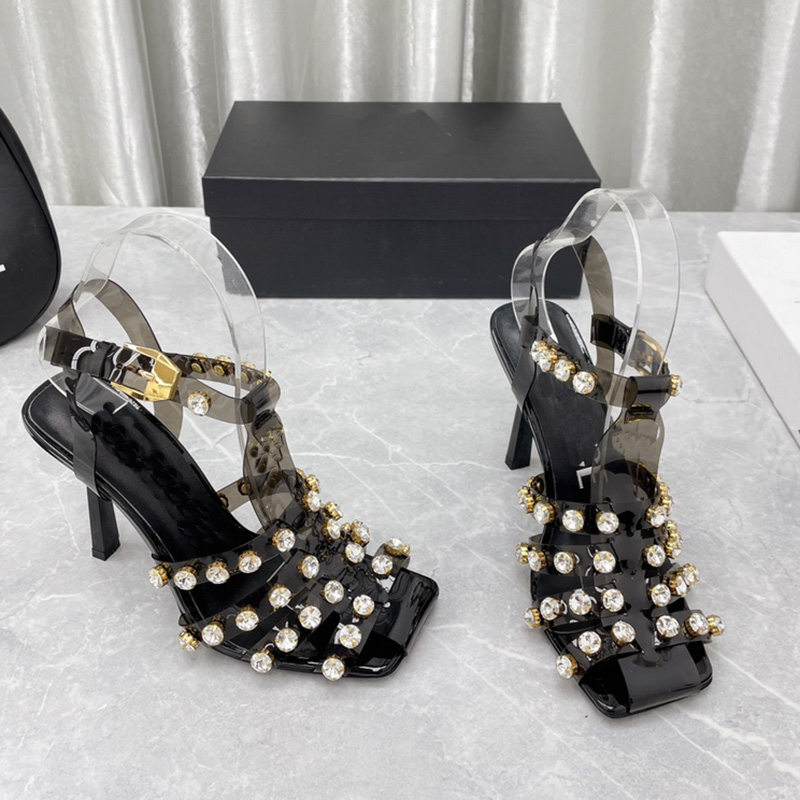 

high heeled Sandals for womens Top quality Medusa latest PVC crystal Rhinestone Square toe stiletto shoes Luxury Designer 10cm heels Roman, Black no drill