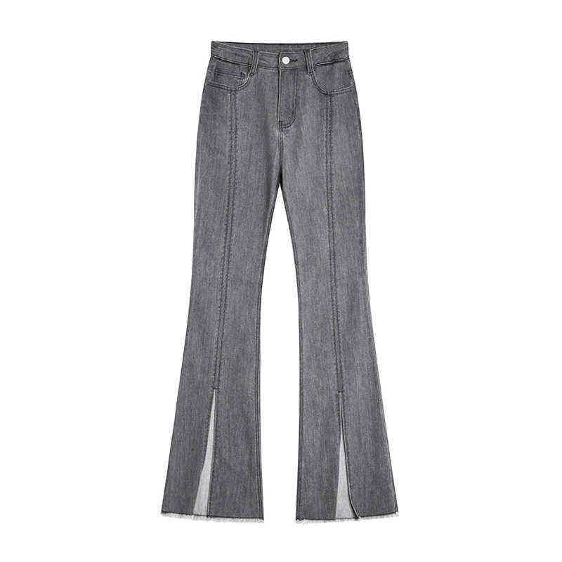 

Women' Gray Denim Flare Pants 2021 Retro Y2K Hem Split Tide Long Pants Female High Waist Loose Rok Relax Ulzzang Jeans Trousers T220728