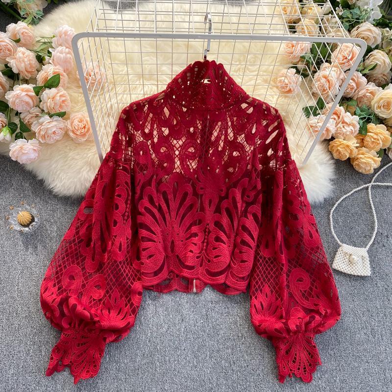 

Women's Blouses & Shirts 2022 Autumn Women Blouse Female Hollow Out Long Lantern Sleeve Blusa Stand-up Collar Slim Crochet Short Lace Shirt, Pink