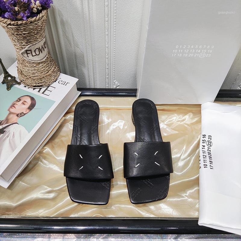 

Slippers Donna-in 2022 Women's Slipper Luxury Genuine Leather Low Heel Female Shoes Summer Fashion Square Peep Toe Beach Flipflop, White