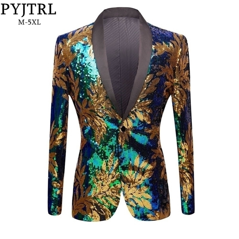 

PYJTRL Green Blue Gold Leaves Pattern Sequins Blazer DJ Night Club Singers Slim Fit Men Suit Jacket Stage Shiny Costume 201104, Picture color