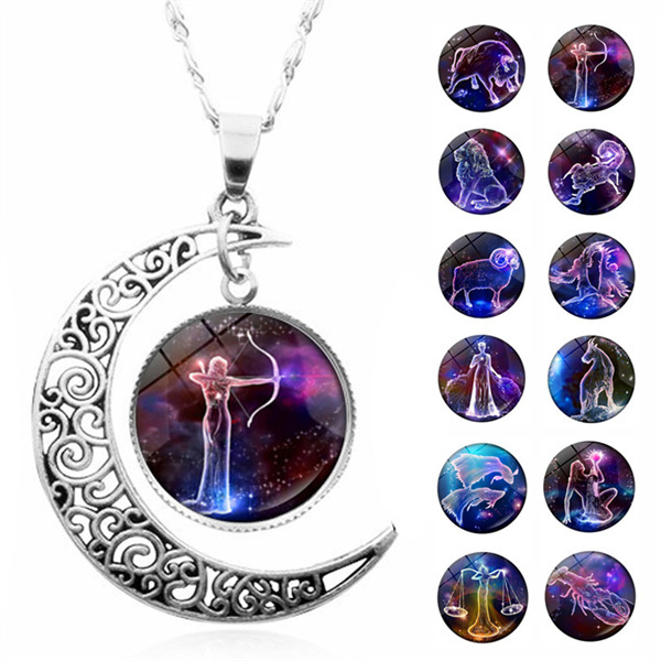 

12 Constellation Necklace Zodiac Signs Cabochon Glass Crescent Moon Pendant Clavicle chain Necklace Birthday Gifts for Women A54