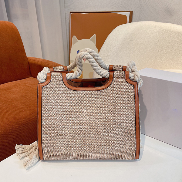 

High quality 2022 new Lafite rope tote straw bag Pearl chain portable bucket bags foreign style messenger rattan bag fashion basket large capacity holiday seaside m, Brown